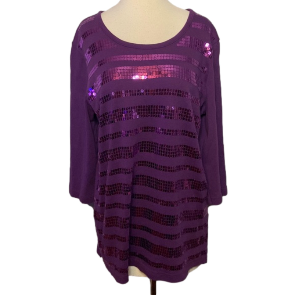 Quacker Factory 3/4 Sleeve Top Square Sequin Stripes  Purple L